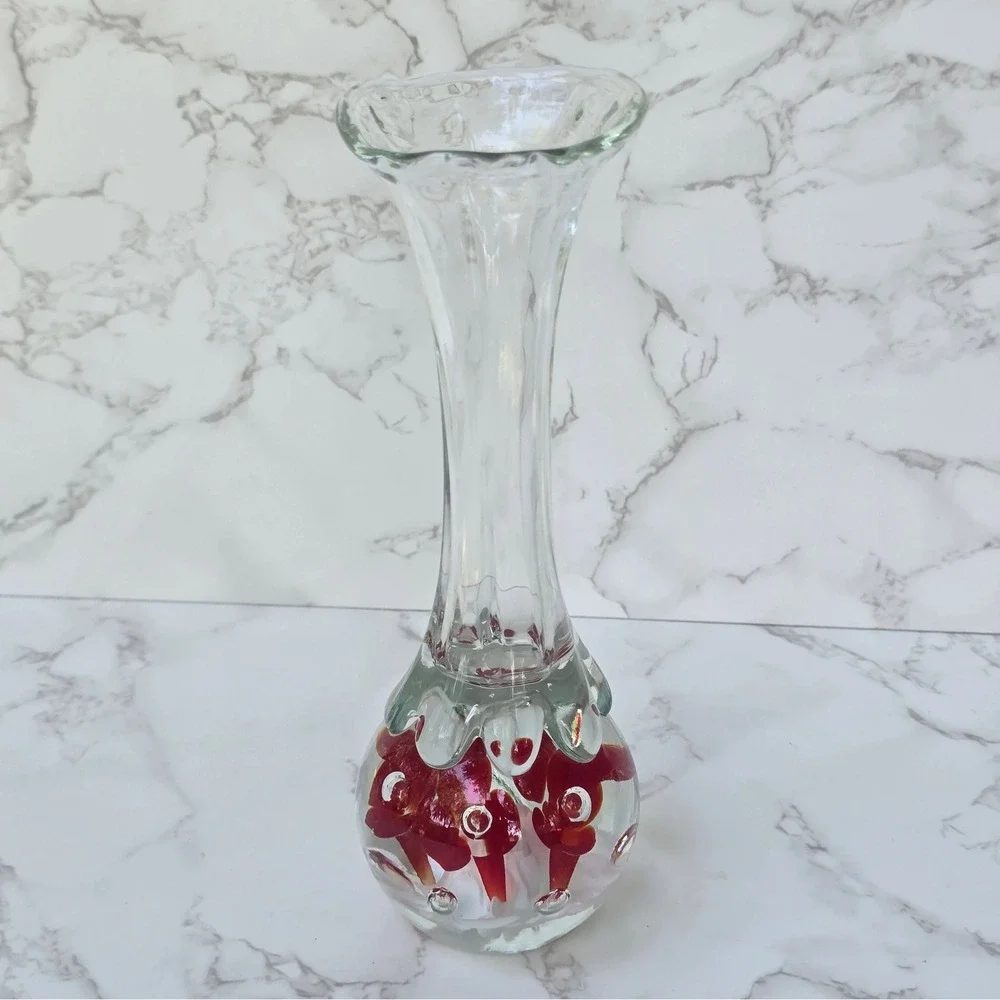 Vintage Paperweight Base Bud Vase  Art Glass Red White Flower Ruffled Rim 7.5 in